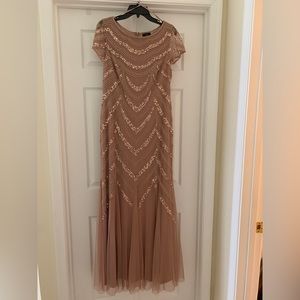 Adrianna Papelle rose gold embellished godet-inset gown, size 12, like new